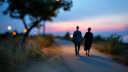 Defocused silhouettes of grandparents walking along a quiet path, framed by soft twilight colors, with copy space.