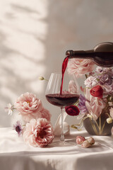 Pouring red wine into a glass amidst delicate pink flowers, creating a romantic, celebratory, and elegant still life scene