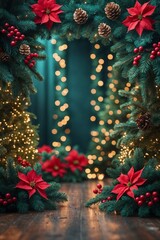 Christmas background with festive garland, poinsettia flowers, pine cones, and holiday lights