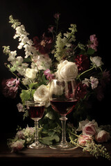 Romantic evening with two glasses of red wine and a beautiful flower bouquet in chiaroscuro lighting