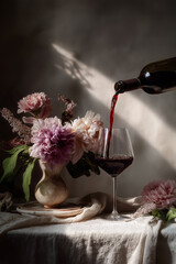 Pouring red wine into a glass on a table with a flower arrangement, creating a romantic still life atmosphere