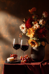 Still life with red wine glasses, cheese, grapes, and a vibrant flower bouquet creating an elegant autumn atmosphere