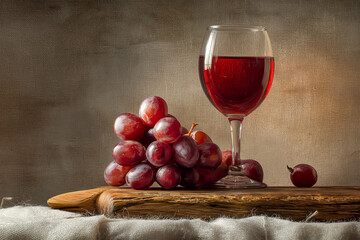 Red wine in a glass with fresh grapes on a rustic wooden board, a classic still life composition