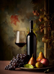 Red wine bottle and glass with fresh fruits, grapes, and pears depicting autumn still life