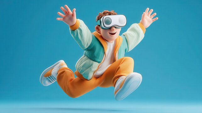 cartoon character man wearing virtual reality glasses and floating in the air - Powered by Adobe