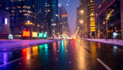 Fototapeta premium Sparkling Urban Winter Night with Rain-Soaked Streets and Holiday Glow