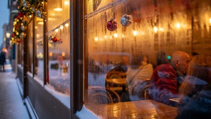 Obraz premium Cozy Coffee Shop Window with Steamed Glass and Warm Holiday Glow