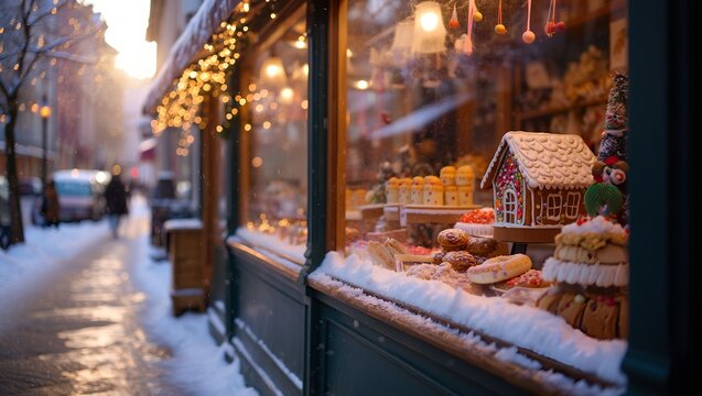 Enchanting Bakery Window Filled with Magical Gingerbread Creations and Holiday Goodies