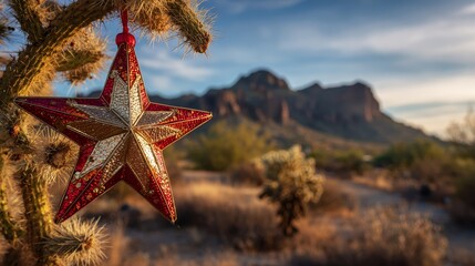 Christmas star ornament on cactus, Arizona desert landscape background