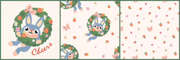 Naklejka premium Festive baby collection with postcard, patterns. Cute childish art of little bunny in Christmas wreath. Seamless pattern of cartoon animal, rabbit, small flowers, mini leaves. Vector illustration.