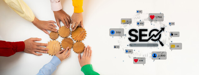 Teamwork imagery showcasing hands engaging in collaborative effort, highlighting SEO strategies alongside vibrant social media statistics for effective digital marketing. Trope