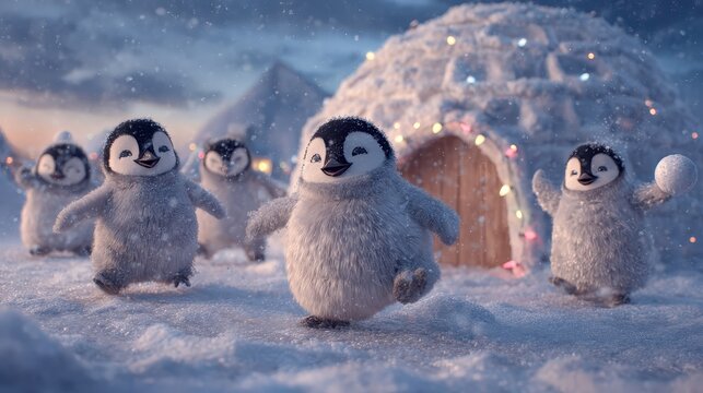 group of joyful penguins having a snowball fight near an igloo decorated with Christmas lights