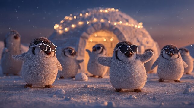 group of joyful penguins having a snowball fight near an igloo decorated with Christmas lights
