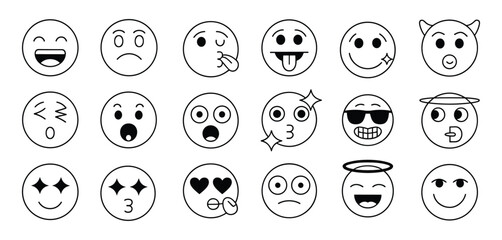 Black And White Outline Emoji Faces With Various Expressions Keywords: emoji, emoticon, face