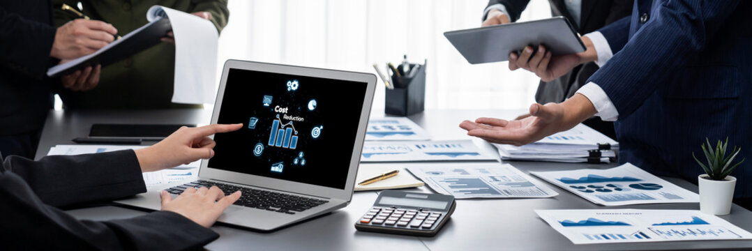 Cost reduction, cost saving concept shown on computer screen brisk, corporate business efficiently save cost and company resources by reduction of unnecessary expenses