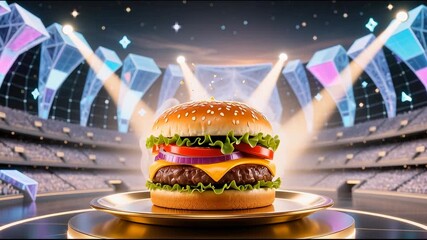 A stunning hamburger is showcased on a golden plate under bright lights in a lively arena.