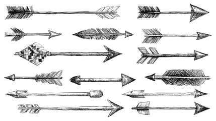 hand drawn sketch pencil drawing many different arrow element set, graphic vector pen scribble icons isolated on white 