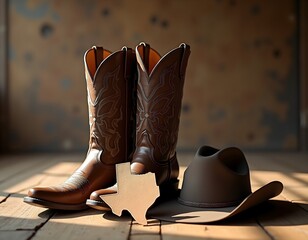 Western Vintage Composition with Cowboy Boots, Hat, and State Map