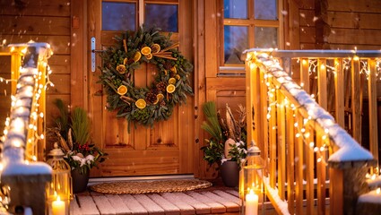 Minimalist Eco-Friendly Holiday Porch with Handmade Wreath and Solar Lights