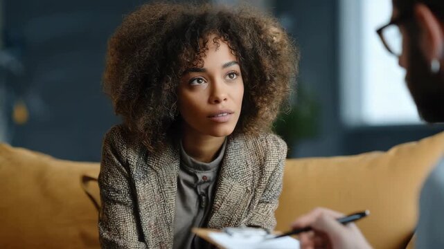 Woman in therapy session talking to a therapist about her mental health