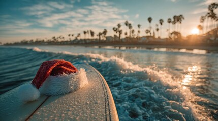 Santa hat resting on surfboard. Ocean waves and palm trees background