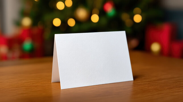 Blank Christmas card mockup on wooden table with festive bokeh background, ideal for holiday greetings or invitations, showcasing elegant design and copy space