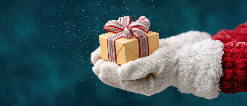 Festive hands in white gloves holding a beautifully wrapped Christmas gift with a red and white ribbon, surrounded by falling snowflakes, creating a joyful holiday atmosphere