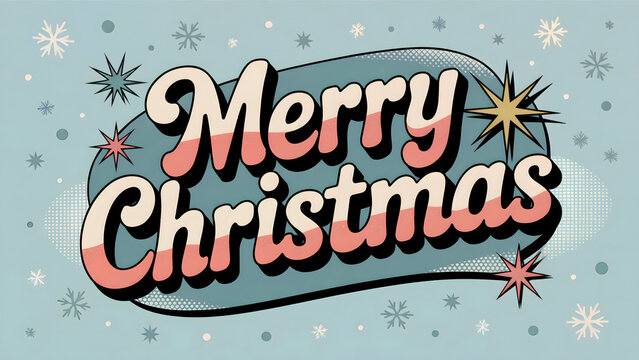 Merry Christmas retro typography, vintage holiday greeting card, 70s style illustration, snowflakes and stars background, pink and blue text.