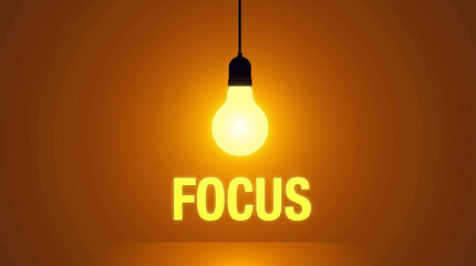 Glowing light bulb with FOCUS text motivational image, warm background design for inspiration, clarity, mindfulness, productivity and branding visuals