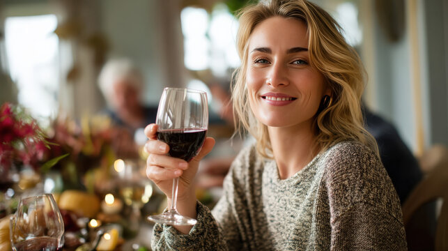 Young woman with blonde hair smiles while holding a glass of red wine at a festive dinner table, surrounded by family and friends celebrating special occasions