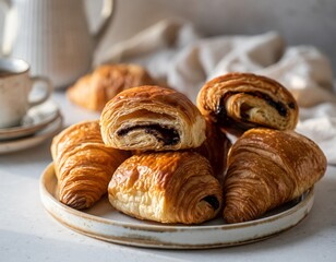 Freshly baked croissants and pain au chocolat on ceramic plate, flaky buttery French pastries for breakfast with coffee, cozy morning setting