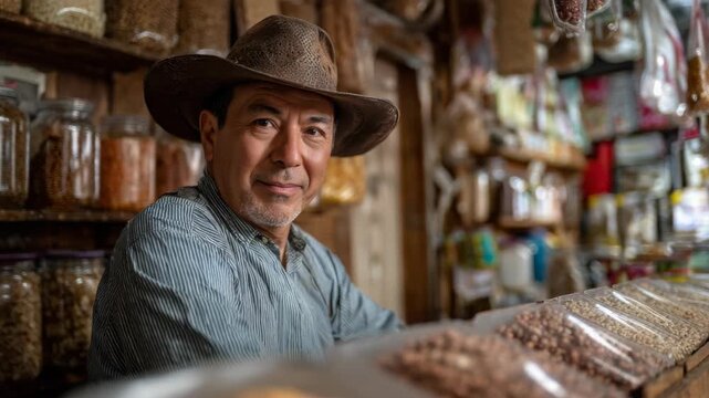 Smiling shopkeeper in a hat at a traditional market stall