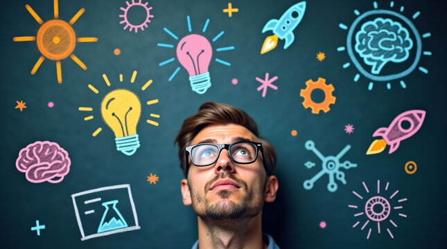 Creative thinking concept with doodles around head, chalkboard background visual for innovation, ideas, education, problem-solving and intellectual growth