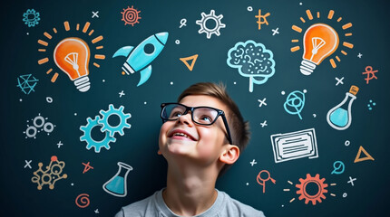 Creative thinking concept with doodles around head, chalkboard background visual for innovation, ideas, education, problem-solving and intellectual growth