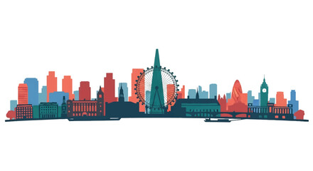 Flat vector skyline of London with balanced mix of modern buildings and wheel-shaped silhouette on riverside layout. Solid color blocks, no gradient. Ideal for travel branding and editorial visuals