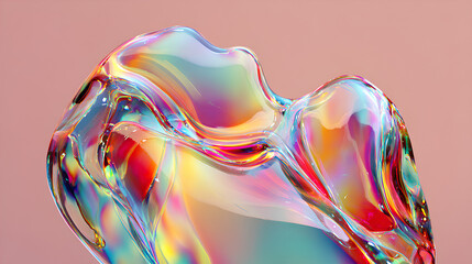 Iridescent 3d rendering shape with rainbow gradient dispersion. Abstract transparent glass metaball with holographic effect. Elegant organic fluid form Stock Illustration