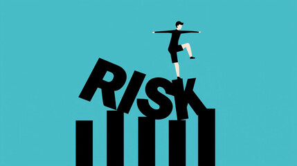 Man balancing on the word RISK concept art, uncertainty illustration, danger awareness graphic, risk-taking visual for business and motivation themes
