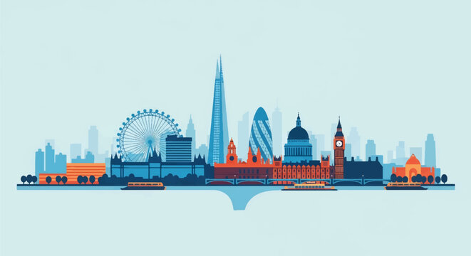 Flat vector skyline of London with balanced mix of modern buildings and wheel-shaped silhouette on riverside layout. Solid color blocks, no gradient. Ideal for travel branding and editorial visuals