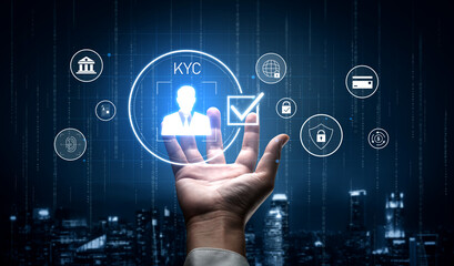 Digital KYC verification with biometric scan, ID authentication, and financial security icons representing identity verification, secure onboarding, fraud prevention, and compliance Vouch