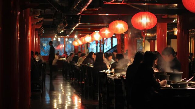 Traditional Chinese restaurant interior with red lanterns and diners