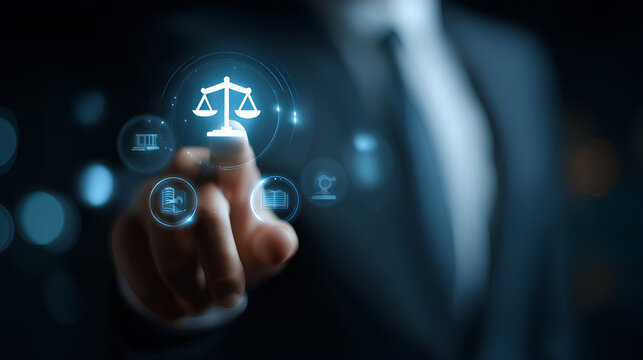 Legal advice business concept, lawyer consulting on business rules labor law and corporate regulations represented by attorney at law using virtual screen icons of justice law and policy compliance