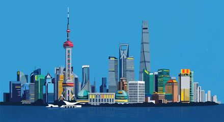 Obraz premium Flat vector skyline of Shanghai with needle-topped tower and rounded futuristic buildings. Solid color blocks, no gradients. Perfect for business, travel, editorial, and infographic use