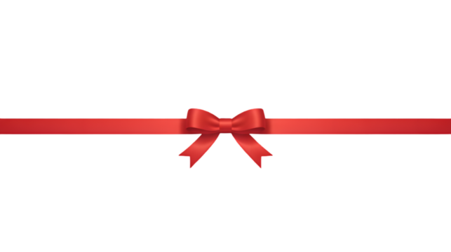 3D render of red ribbon bow, thin horizontal line, simple satin gift wrap element, isolated on black background, christmas decoration.