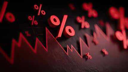 Red percent signs falling with jagged line on black background