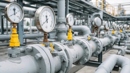 Industrial pressure gauges and pipelines at a natural gas processing plant - Powered by Adobe