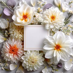 Elegant floral arrangement with dahlias and a blank card