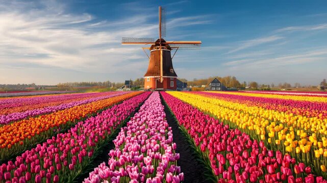 Colorful tulip fields and windmill in the Netherlands under a bright blue sky