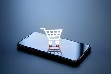 Futuristic e-commerce concept with glowing shopping cart icon symbolizing digital business, online store innovation, mobile payment technology, modern internet commerce background for AI web marketing