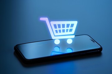 Creative e-business concept with 3D shopping cart and glowing buy button, representing modern digital commerce, internet sales, marketing technology, and online store purchase system in virtual future