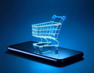 Abstract digital design of online shopping cart symbolizing e-commerce technology, modern business marketing, mobile store payments, global sales, and futuristic web shopping innovation marketplace